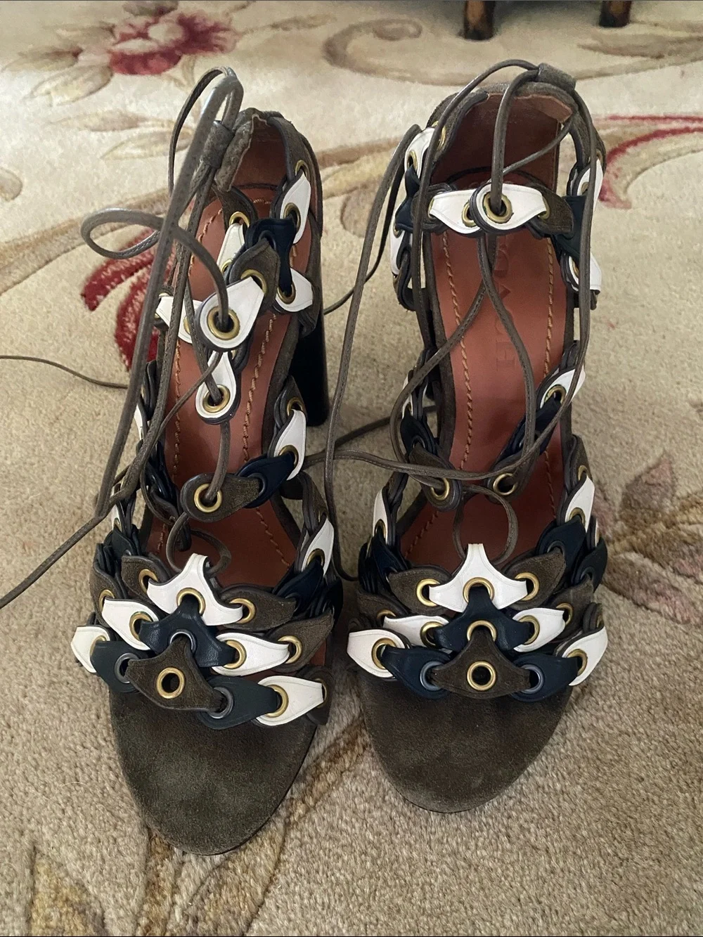 Lace-Up Womens Sandals in Brown with White & Black Accents